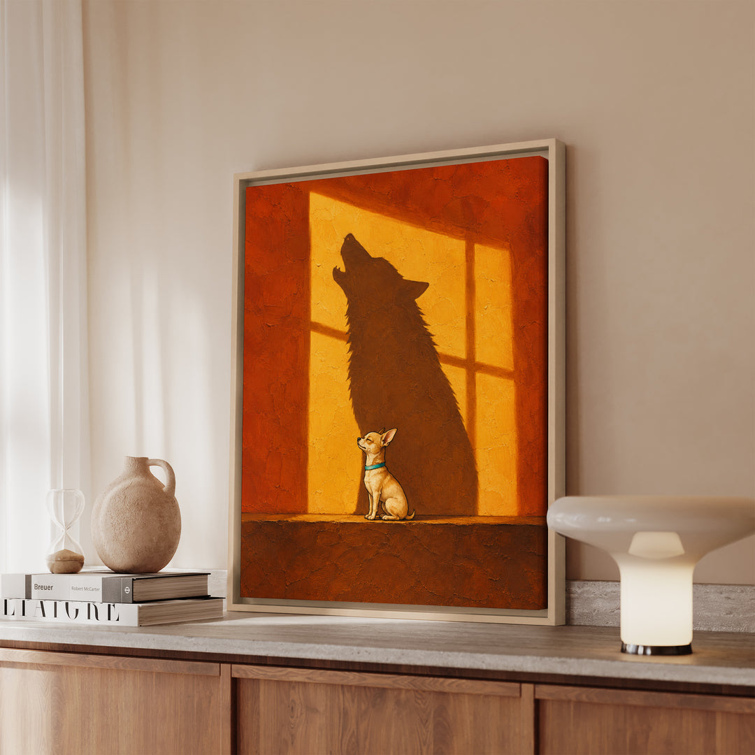 The Inner Wolf – Dog Wall Art with a Tiny Sitter and a Towering Shape – Canvas / Framed Canvas