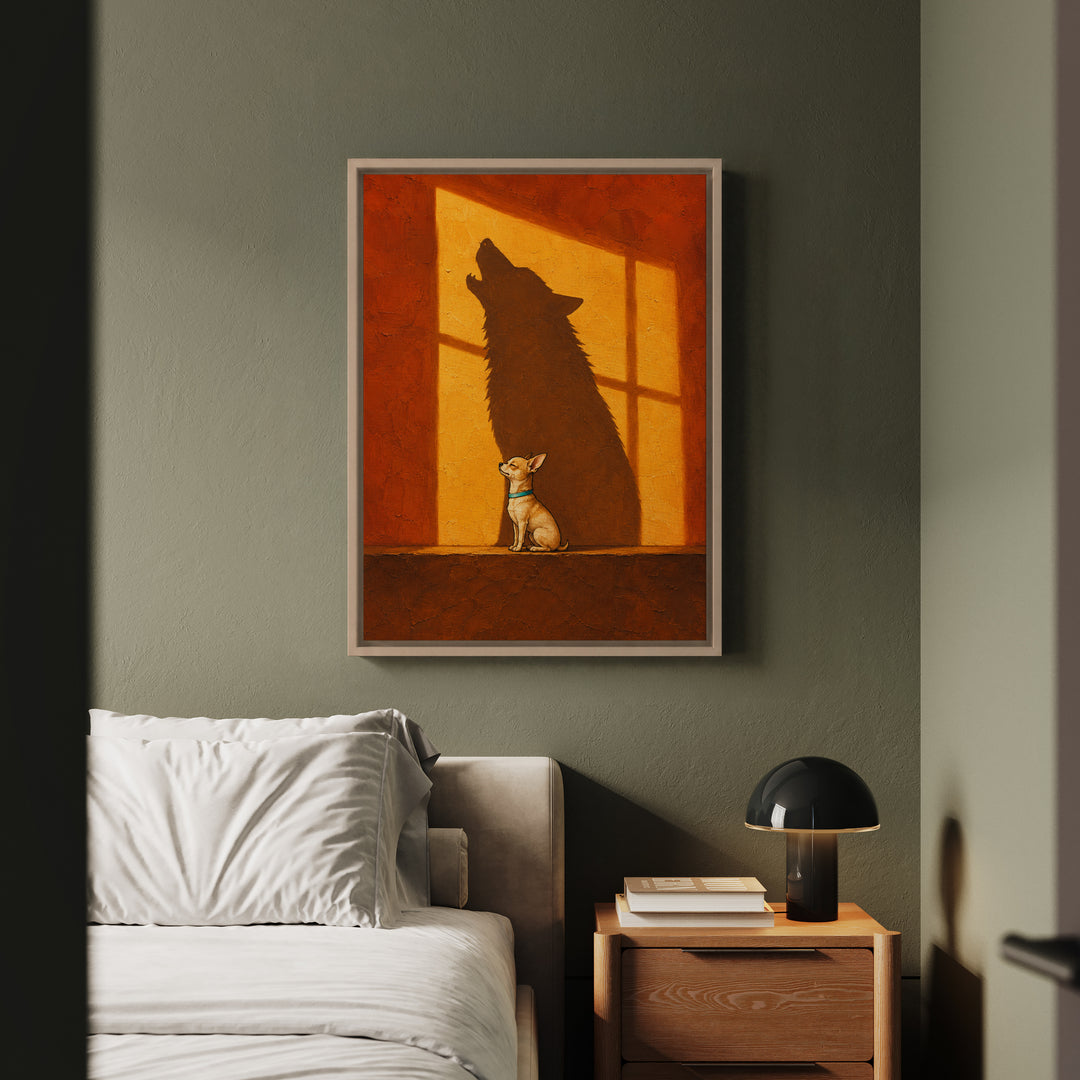 The Inner Wolf – Dog Wall Art with a Tiny Sitter and a Towering Shape – Framed Canvas Wall Art
