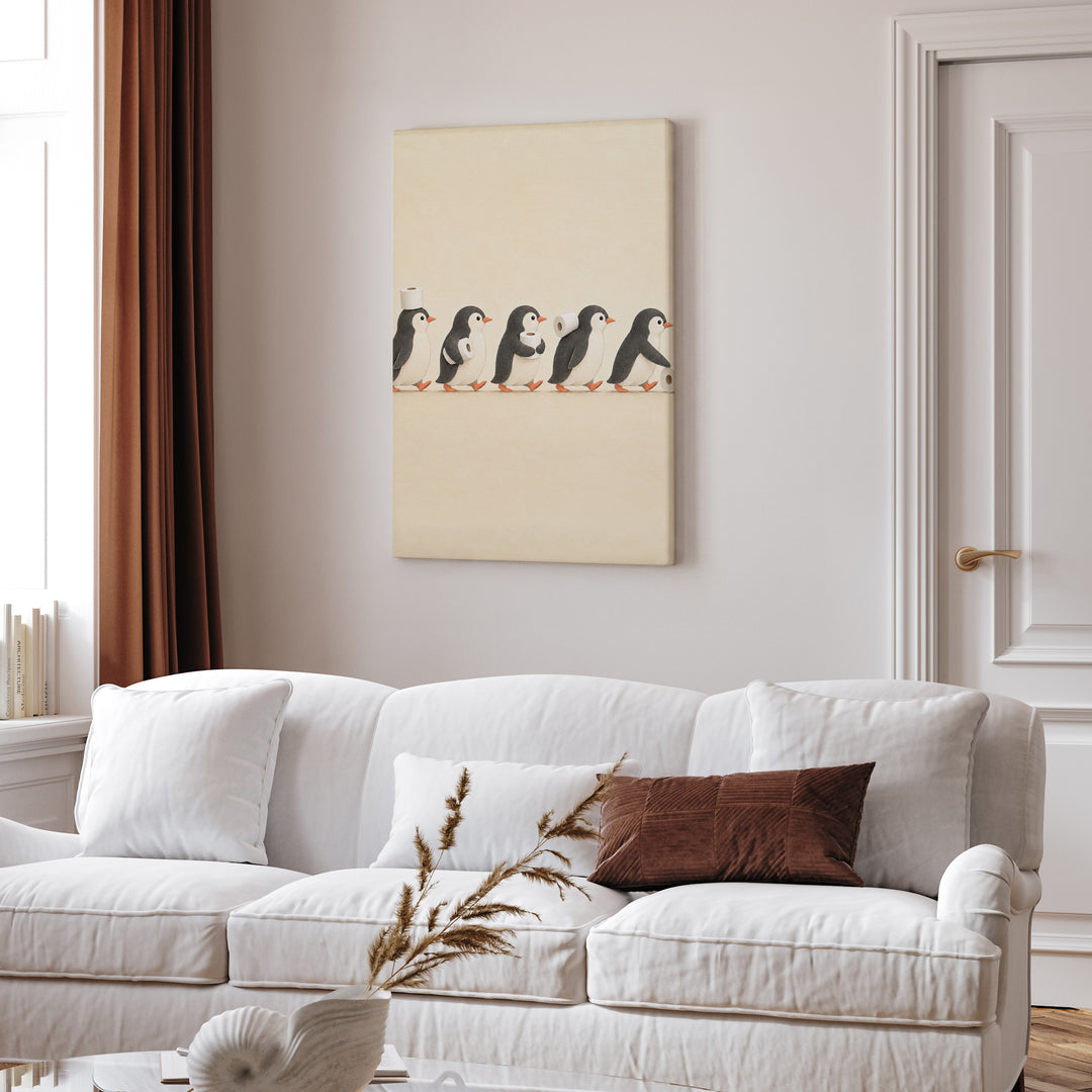 The Supply Chain – Cute Bathroom Art with Five Penguins in Profile – Canvas Wall Art