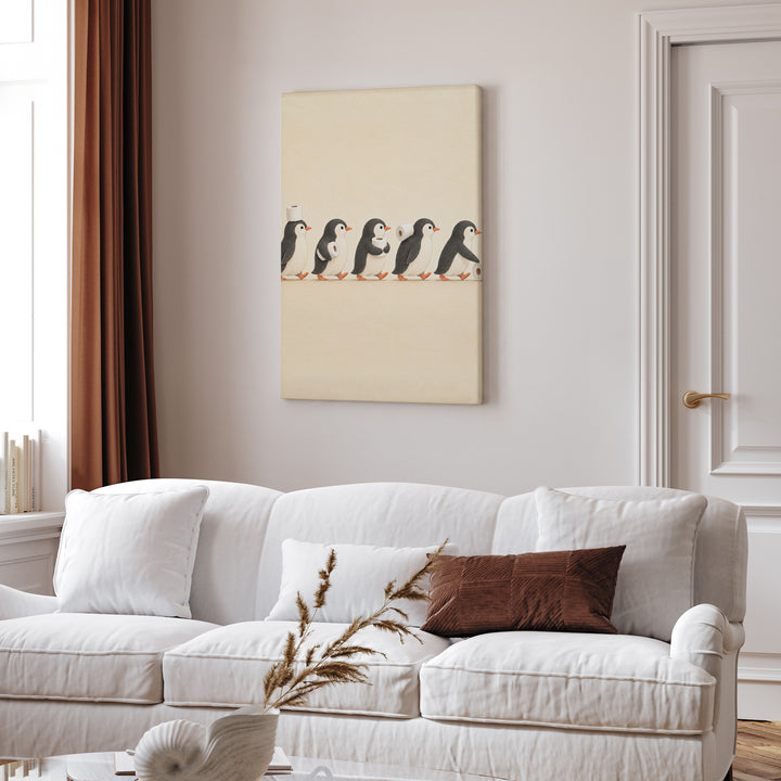 The Supply Chain – Cute Bathroom Art with Five Penguins in Profile – Canvas Wall Art