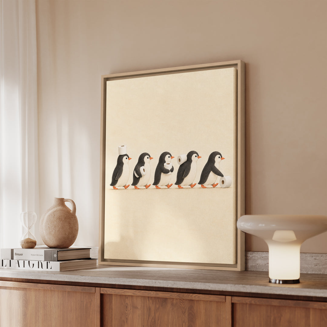 The Supply Chain – Cute Bathroom Art with Five Penguins in Profile – Framed Canvas Wall Art