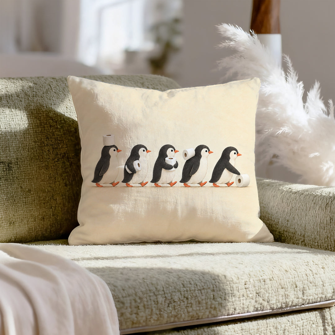 The Supply Chain – Cute Bathroom Decor with Five Penguins in Profile – Pillow Cover