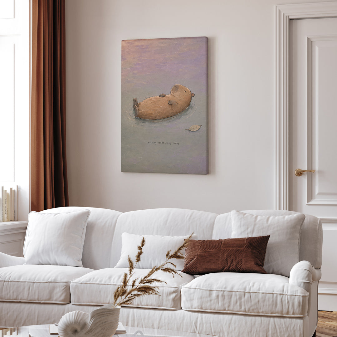Nothing Needs Doing – Calming Wall Art with a Capybara Afloat at Dusk – Canvas Wall Art