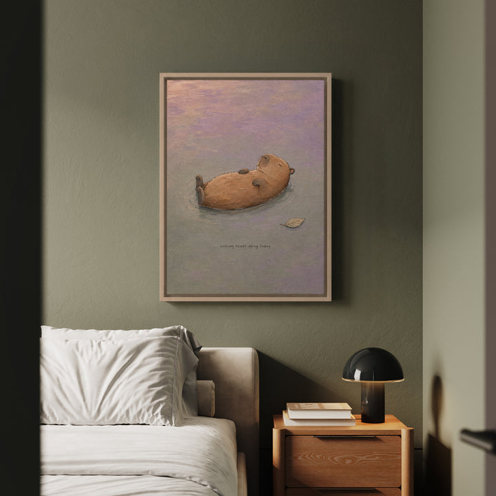 Nothing Needs Doing – Calming Wall Art with a Capybara Afloat at Dusk – Canvas / Framed Canvas
