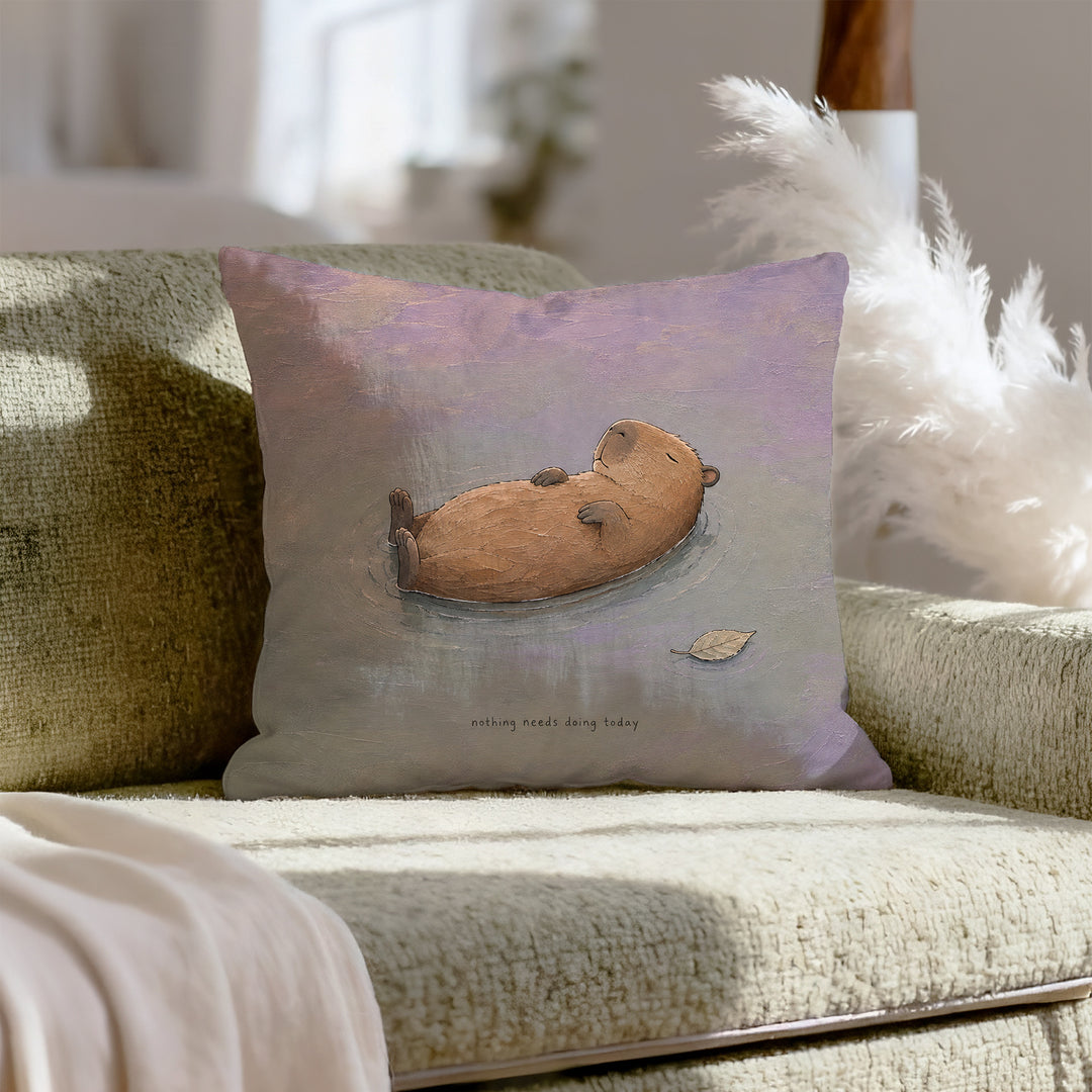 Nothing Needs Doing – Calming Decor with a Capybara Afloat at Dusk – Throw Pillow