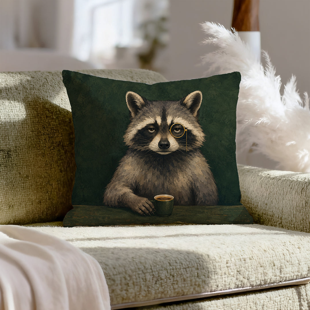 After Hours – Raccoon Decor with a Dignified Half Length Portrait – Throw Pillow