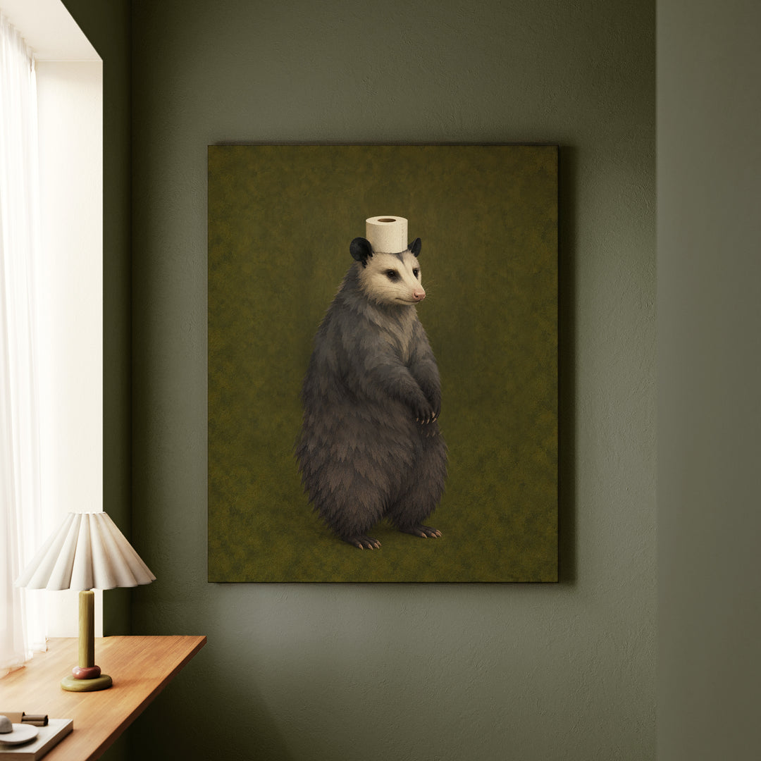 The Crown Jewel – Toilet Paper Art with a Formal Opossum on Moss Green – Canvas Wall Art