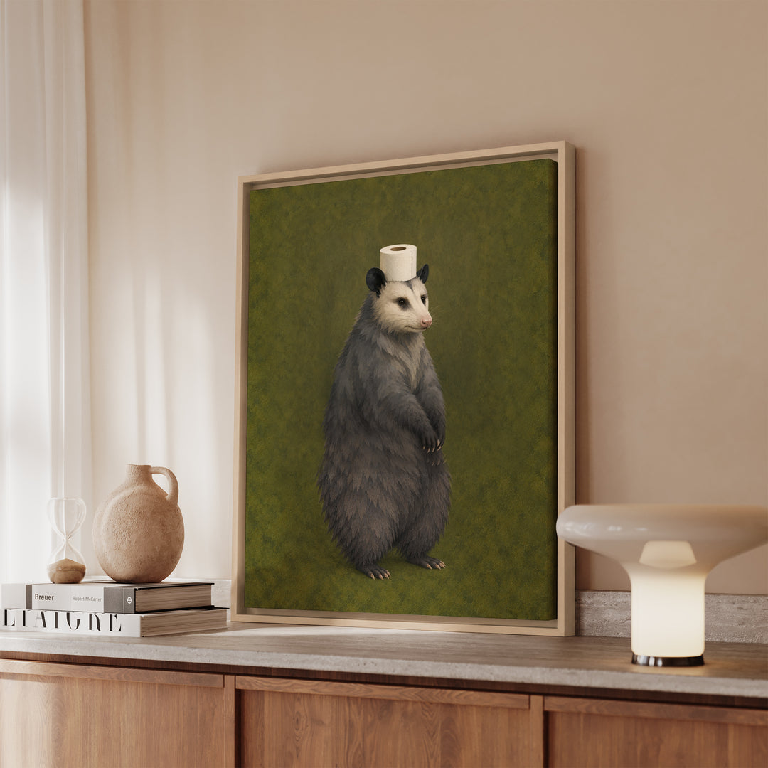 The Crown Jewel – Toilet Paper Art with a Formal Opossum on Moss Green – Framed Canvas Wall Art