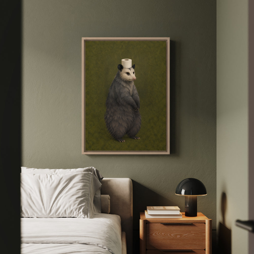 The Crown Jewel – Toilet Paper Art with a Formal Opossum on Moss Green – Framed Canvas Wall Art
