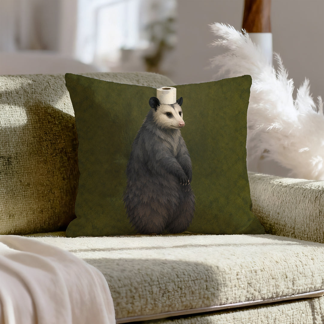 The Crown Jewel – Toilet Paper Decor with a Formal Opossum on Moss Green – Throw Pillow