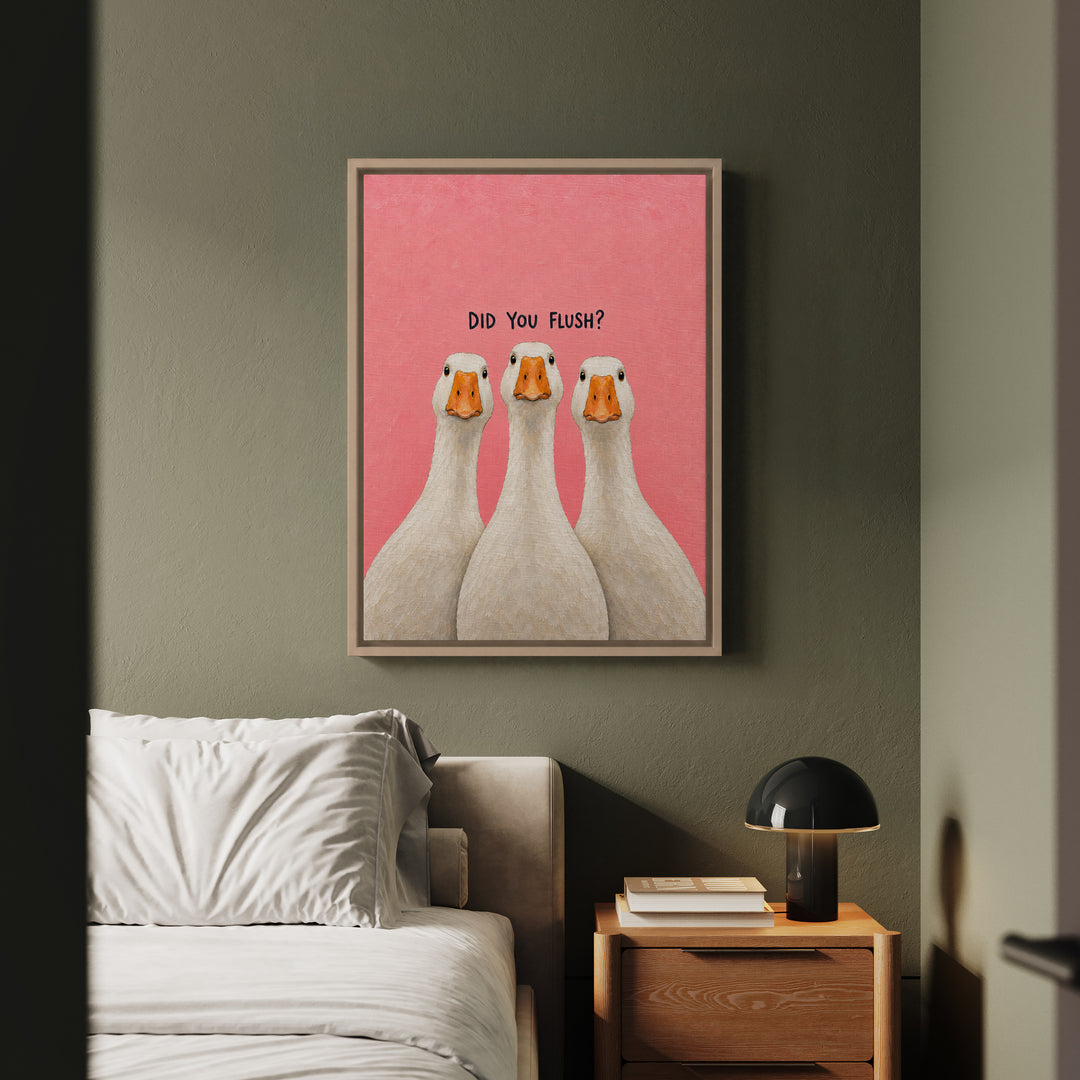 Did You Flush? – Funny Bathroom Art with Three Geese Craning Closer – Framed Canvas Wall Art