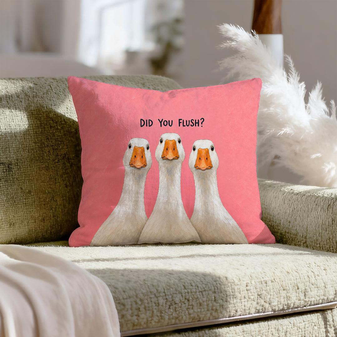 Did You Flush? – Funny Bathroom Decor with Three Geese Craning Closer – Pillow Cover