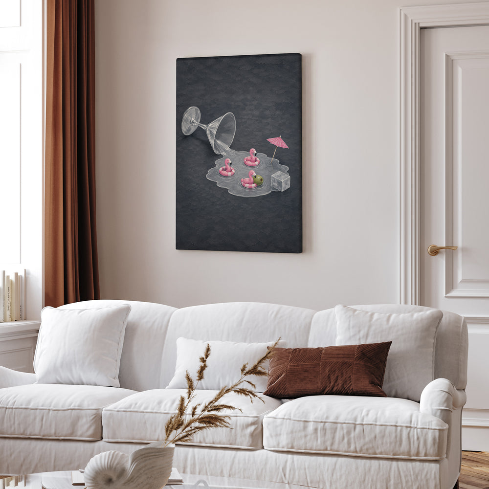 Happy Hour – Cocktail Wall Art with a Tipped Glass and Flamingos – Canvas Wall Art