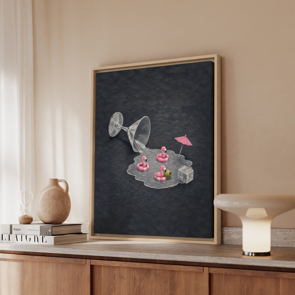 Happy Hour – Cocktail Wall Art with a Tipped Glass and Flamingos – Canvas / Framed Canvas