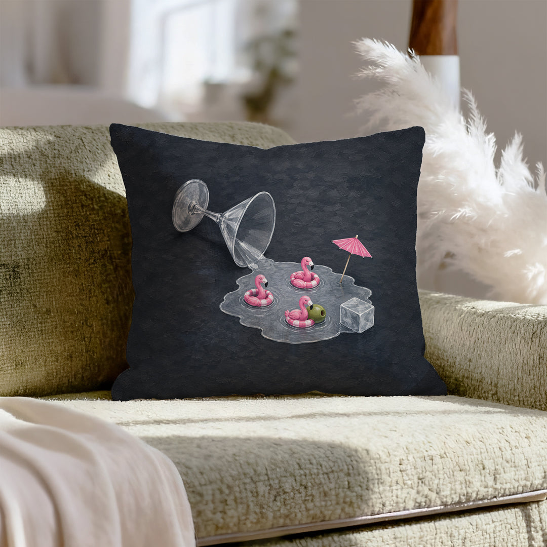 Happy Hour – Cocktail Decor with a Tipped Glass and Flamingos – Throw Pillow