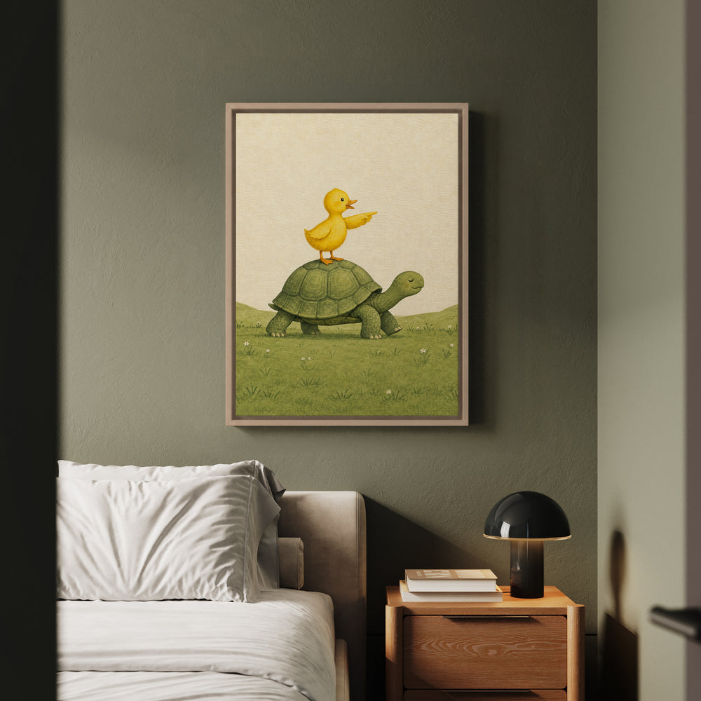 The Express – Nursery Animal Art with a Duckling on a Serene Shell – Framed Canvas Wall Art