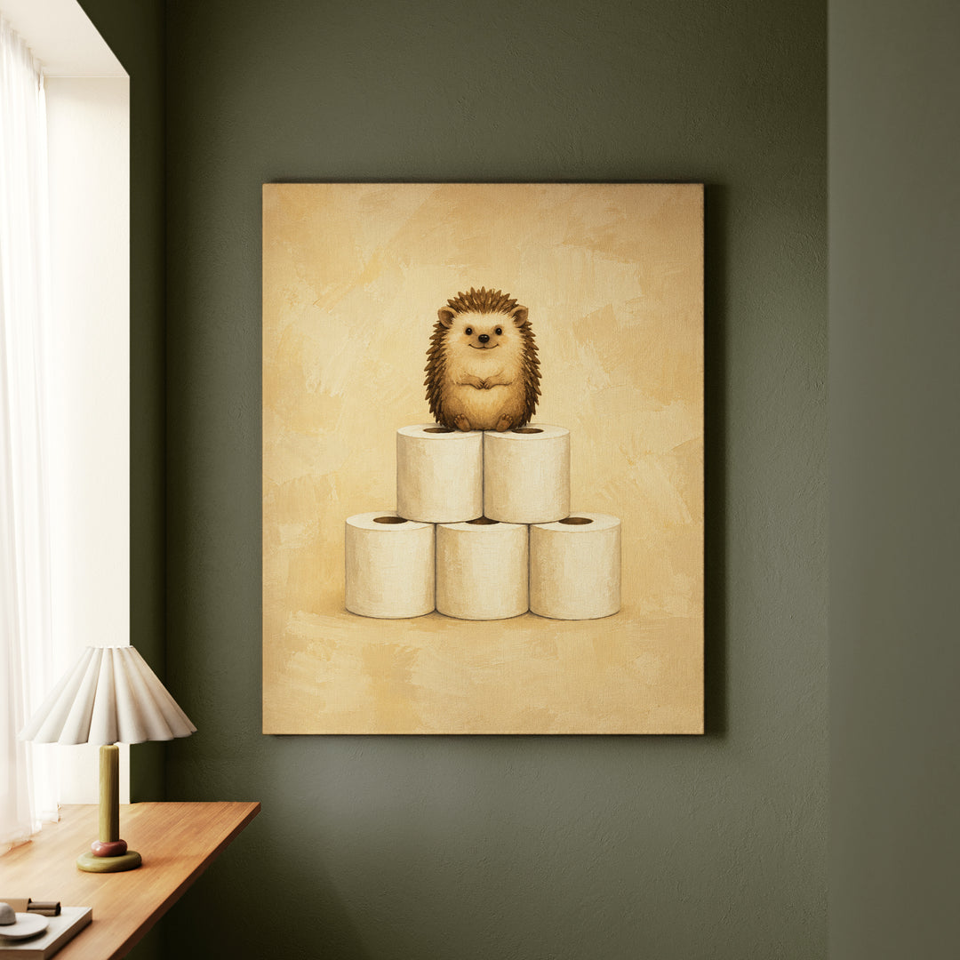The Throne – Hedgehog Art with a Pyramid of Five Paper Rolls – Canvas Wall Art