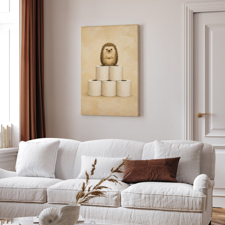 The Throne – Hedgehog Art with a Pyramid of Five Paper Rolls – Canvas Wall Art