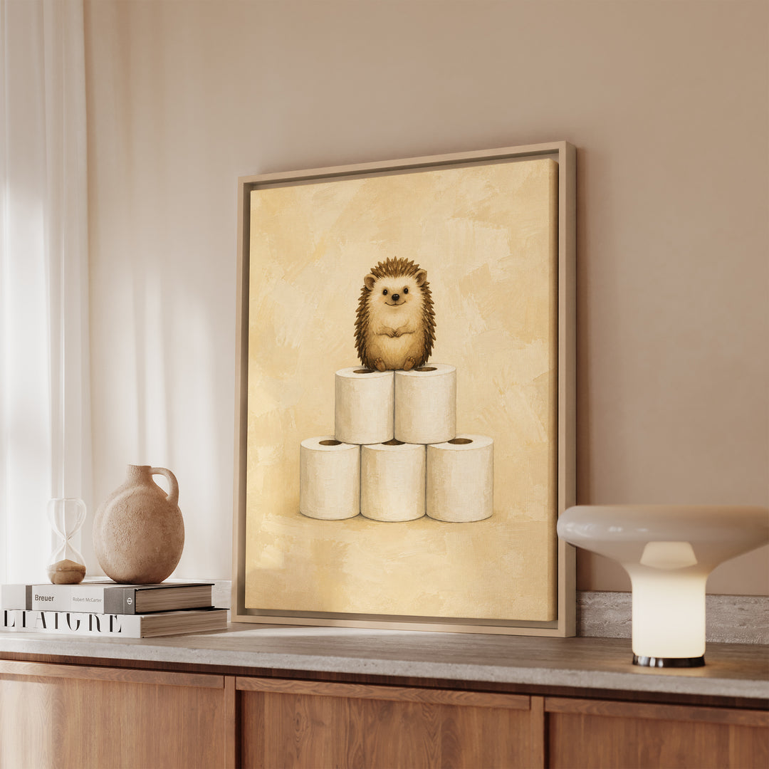 The Throne – Hedgehog Art with a Pyramid of Five Paper Rolls – Framed Canvas Wall Art
