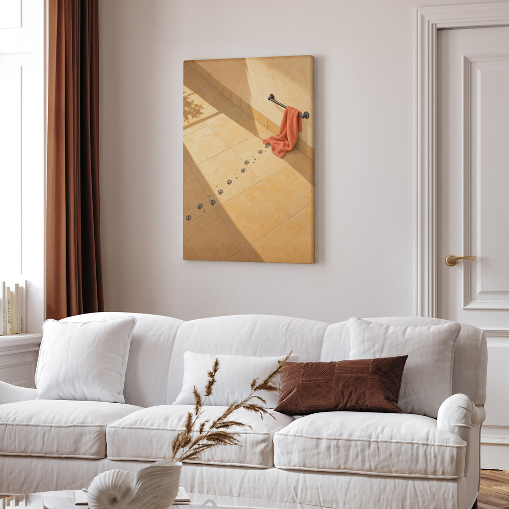 Evidence – Cat Bathroom Art with Wet Prints Across the Tiles – Canvas Wall Art
