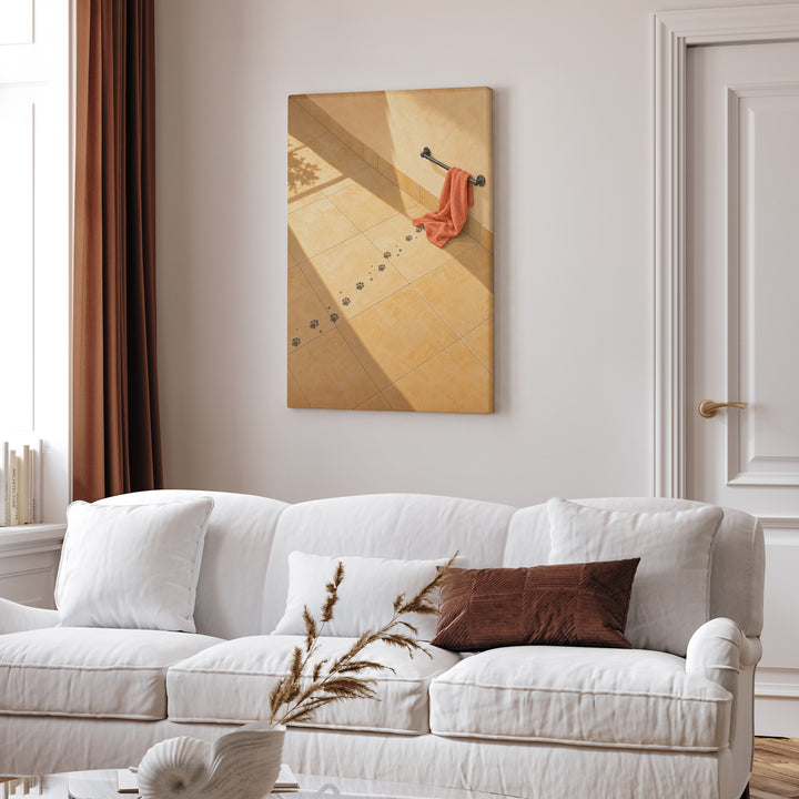 Evidence – Cat Bathroom Art with Wet Prints Across the Tiles – Canvas Wall Art