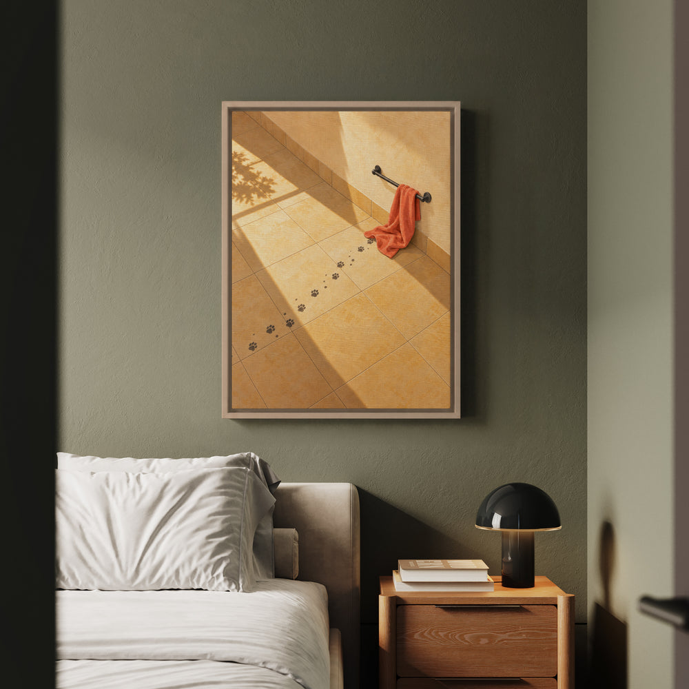 Evidence – Cat Bathroom Art with Wet Prints Across the Tiles – Framed Canvas Wall Art