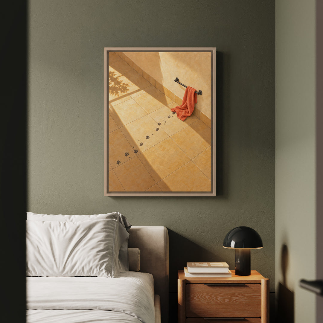 Evidence – Cat Bathroom Art with Wet Prints Across the Tiles – Framed Canvas Wall Art