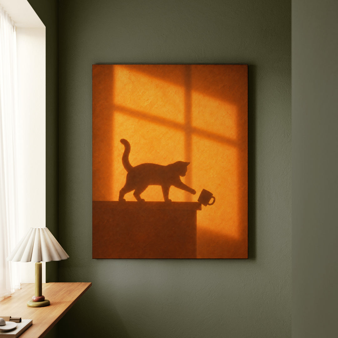 Caught in the Act – Cat Wall Art with an Amber Wall and Cross Light – Canvas Wall Art