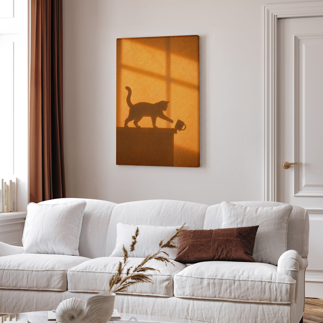 Caught in the Act – Cat Wall Art with an Amber Wall and Cross Light – Canvas Wall Art