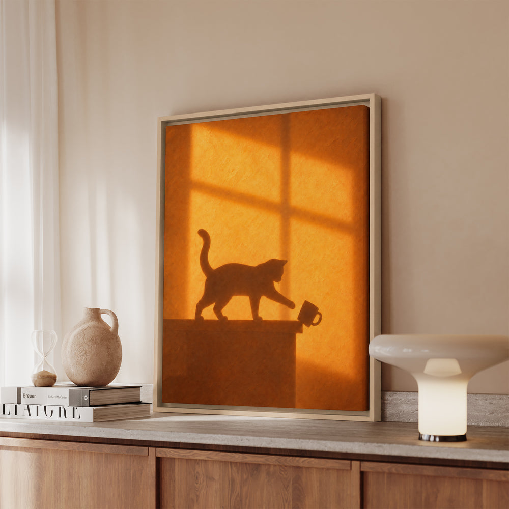 Caught in the Act – Cat Wall Art with an Amber Wall and Cross Light – Canvas / Framed Canvas