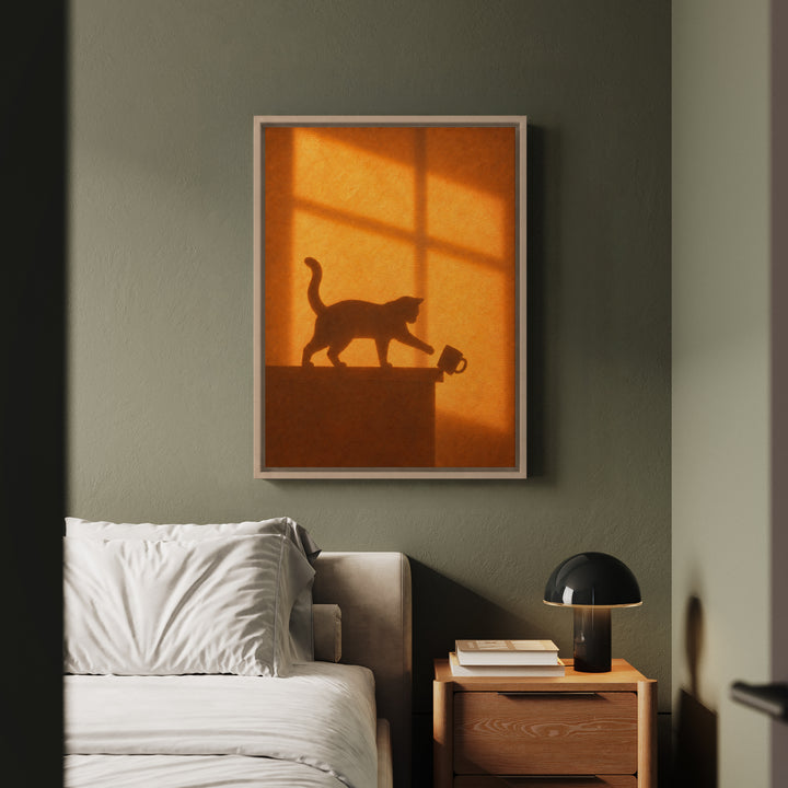 Caught in the Act – Cat Wall Art with an Amber Wall and Cross Light – Framed Canvas Wall Art