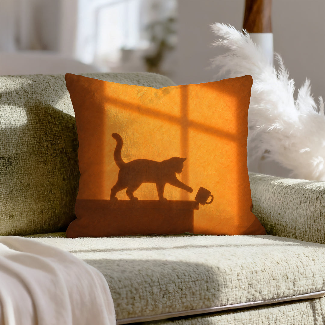 Caught in the Act – Cat Decor with an Amber Wall and Cross Light – Throw Pillow