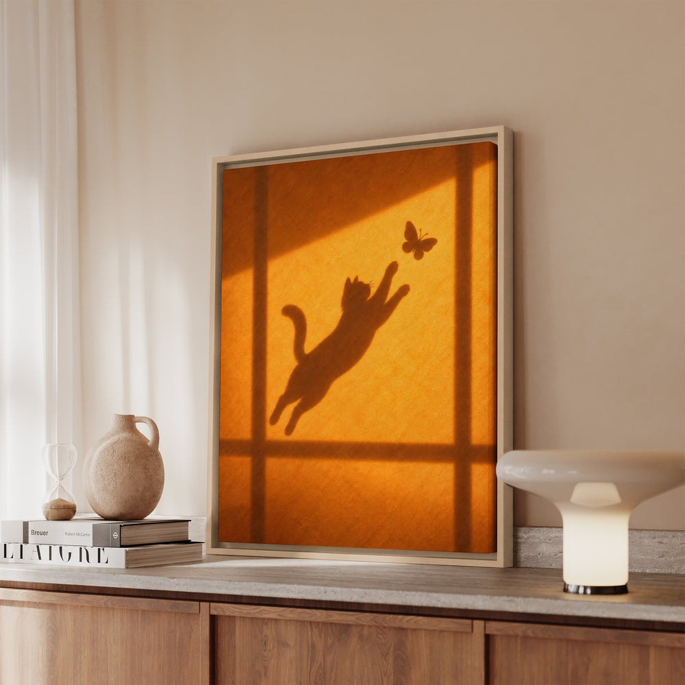 The Chase – Butterfly Wall Art with Shadow Theater on a Sunlit Wall – Canvas / Framed Canvas