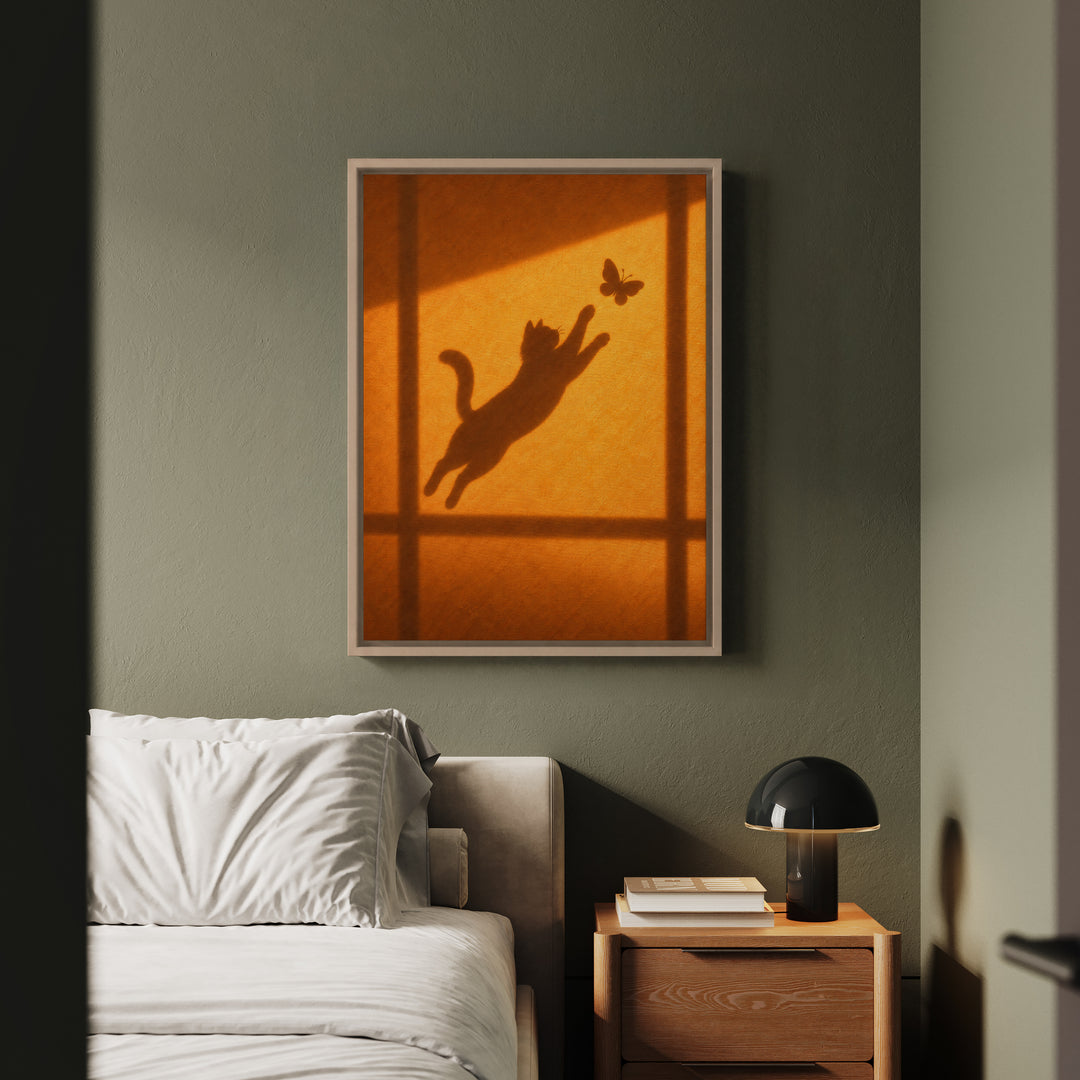 The Chase – Butterfly Wall Art with Shadow Theater on a Sunlit Wall – Framed Canvas Wall Art