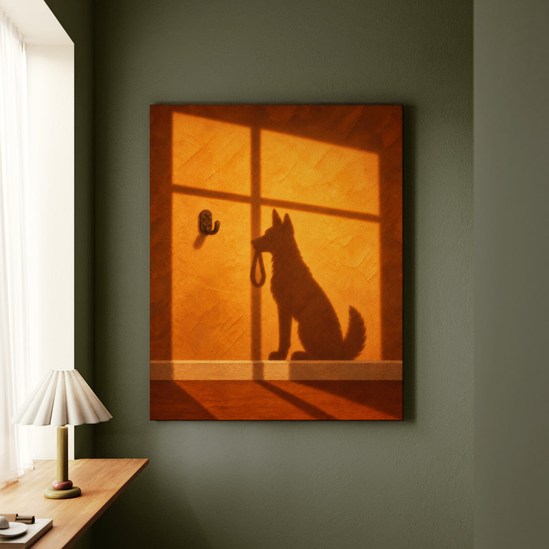 Any Minute Now – Dog Wall Art with an Amber Wall and Hard Shadows – Canvas Wall Art