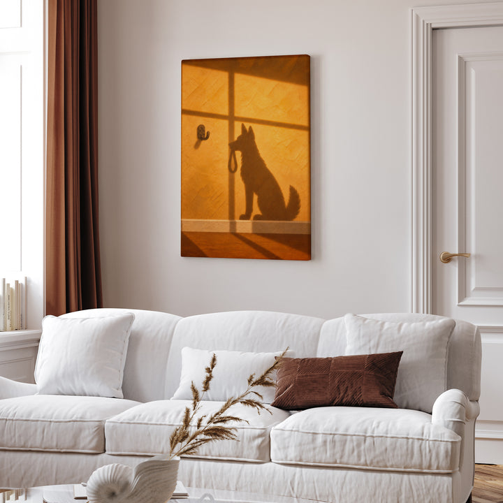 Any Minute Now – Dog Wall Art with an Amber Wall and Hard Shadows – Canvas Wall Art