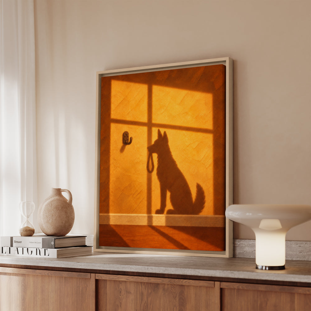 Any Minute Now – Dog Wall Art with an Amber Wall and Hard Shadows – Canvas / Framed Canvas