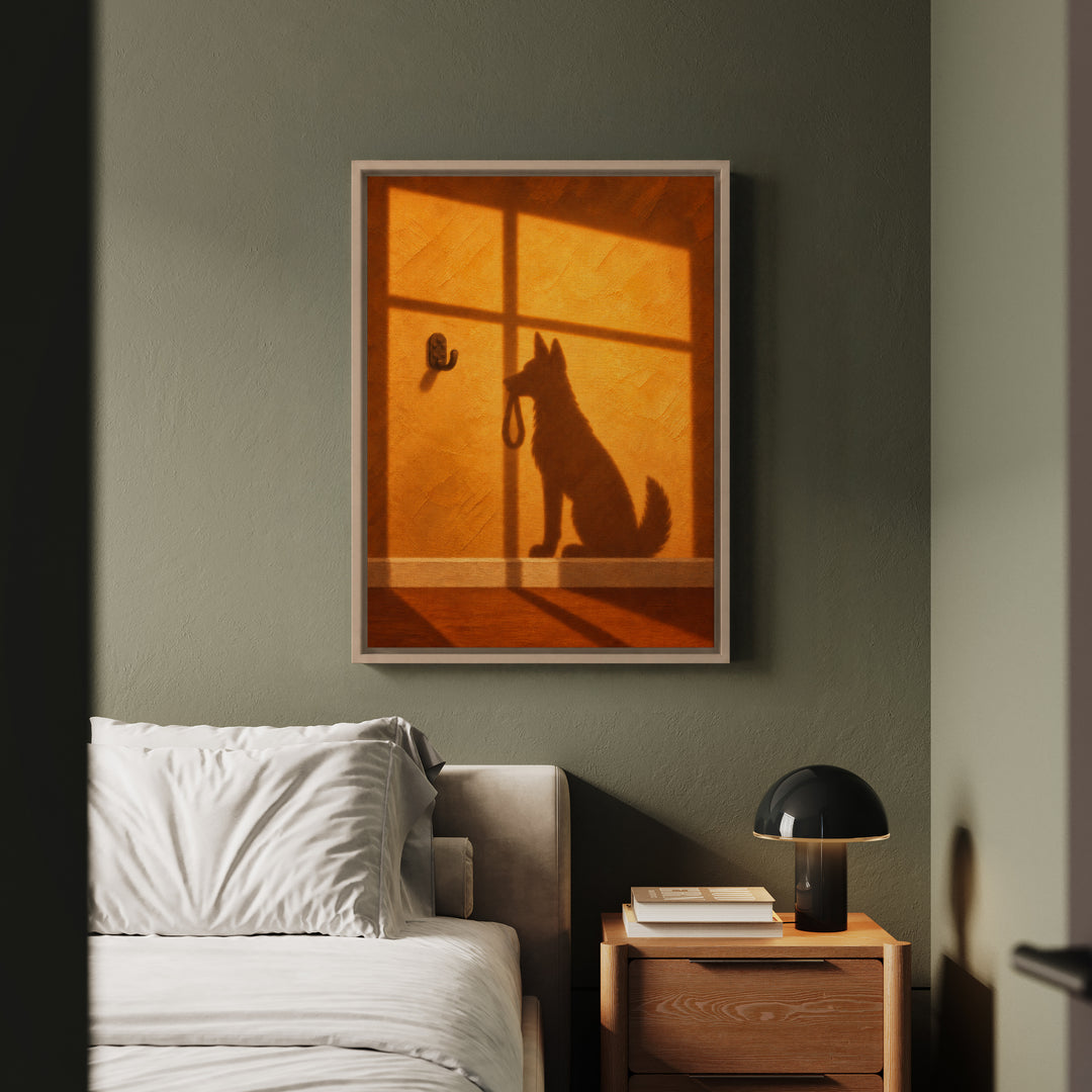 Any Minute Now – Dog Wall Art with an Amber Wall and Hard Shadows – Framed Canvas Wall Art