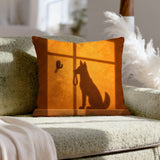 Any Minute Now – Dog Decor with an Amber Wall and Hard Shadows – Pillow Cover