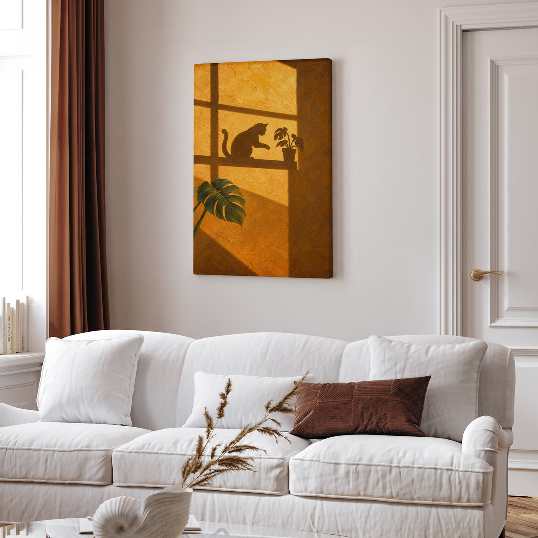 Gravity Check – Cat Wall Decor with an Amber Wall and Cross Light – Canvas Wall Art