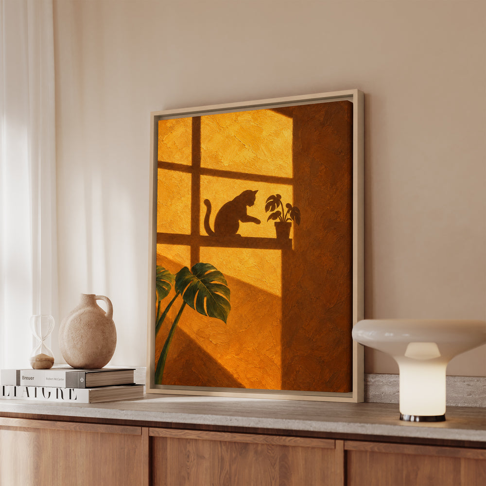 Gravity Check – Cat Wall Decor with an Amber Wall and Cross Light – Canvas / Framed Canvas