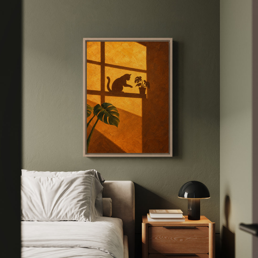 Gravity Check – Cat Wall Decor with an Amber Wall and Cross Light – Framed Canvas Wall Art