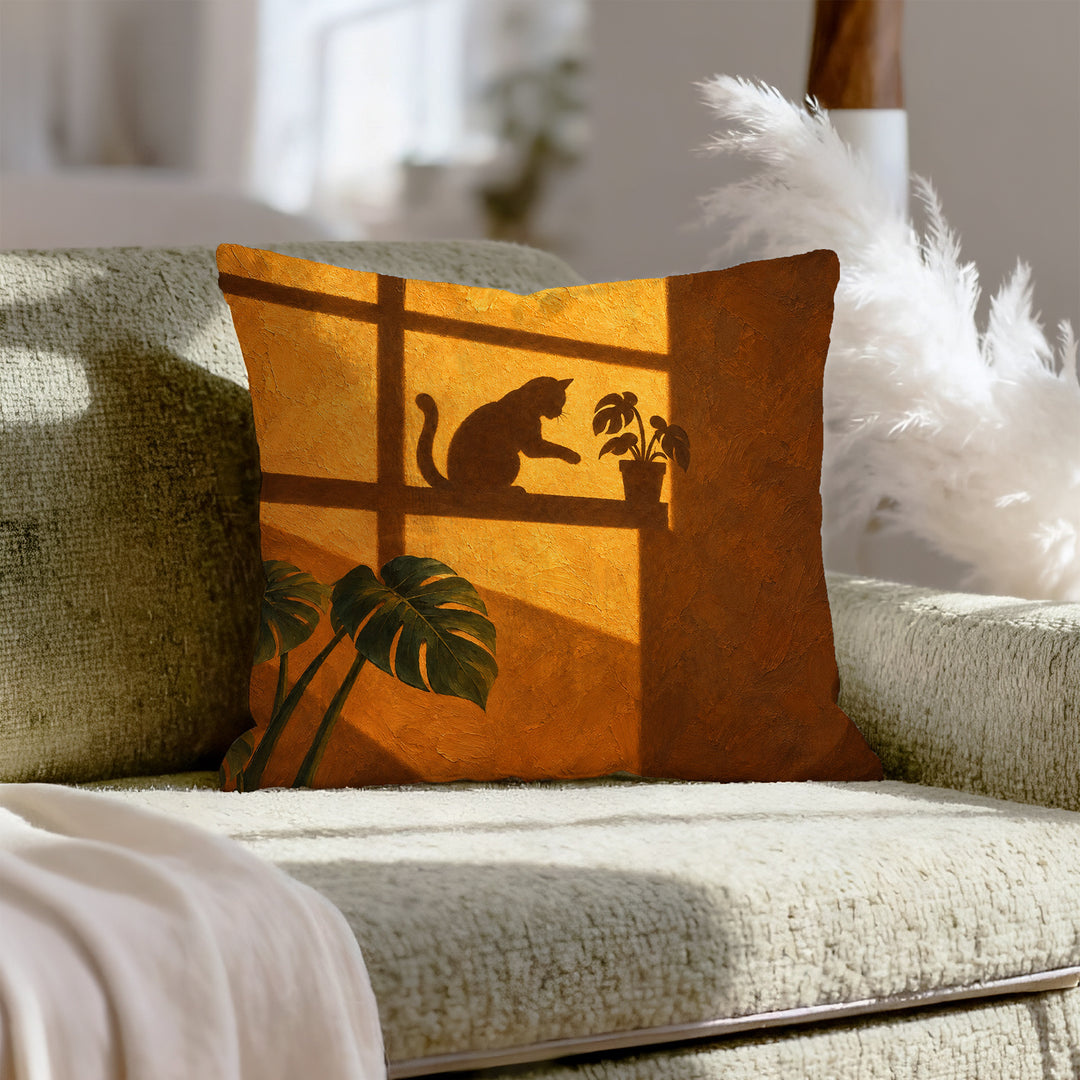 Gravity Check – Cat Decor with an Amber Wall and Cross Light – Throw Pillow