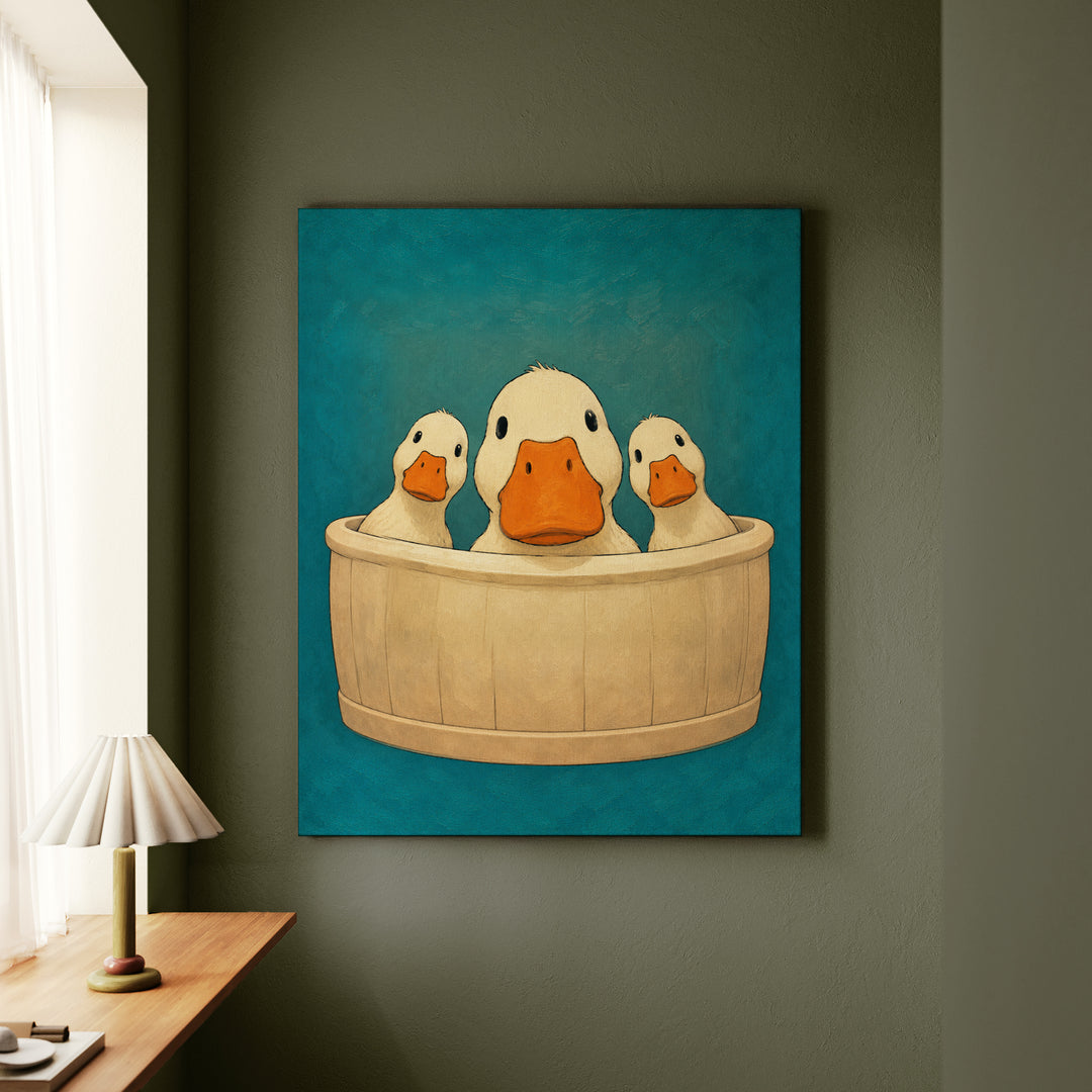 Occupied – Bathroom Wall Art with Three Ducks Leaning Over the Rim – Canvas Wall Art