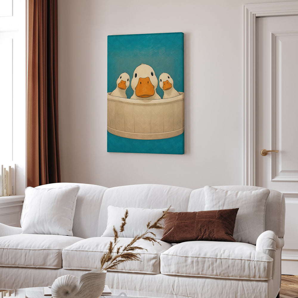 Occupied – Bathroom Wall Art with Three Ducks Leaning Over the Rim – Canvas Wall Art
