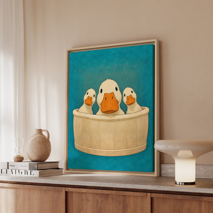 Occupied – Bathroom Wall Art with Three Ducks Leaning Over the Rim – Canvas / Framed Canvas