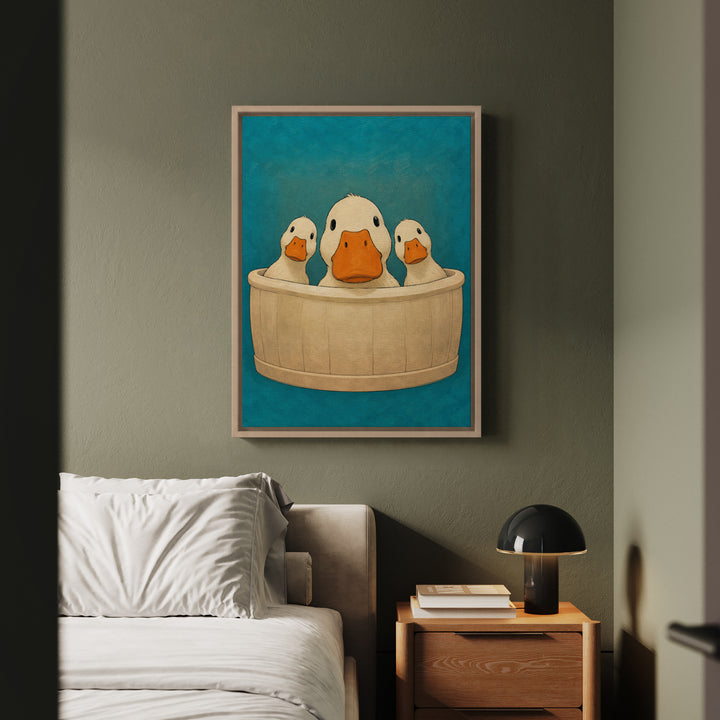 Occupied – Bathroom Wall Art with Three Ducks Leaning Over the Rim – Canvas / Framed Canvas