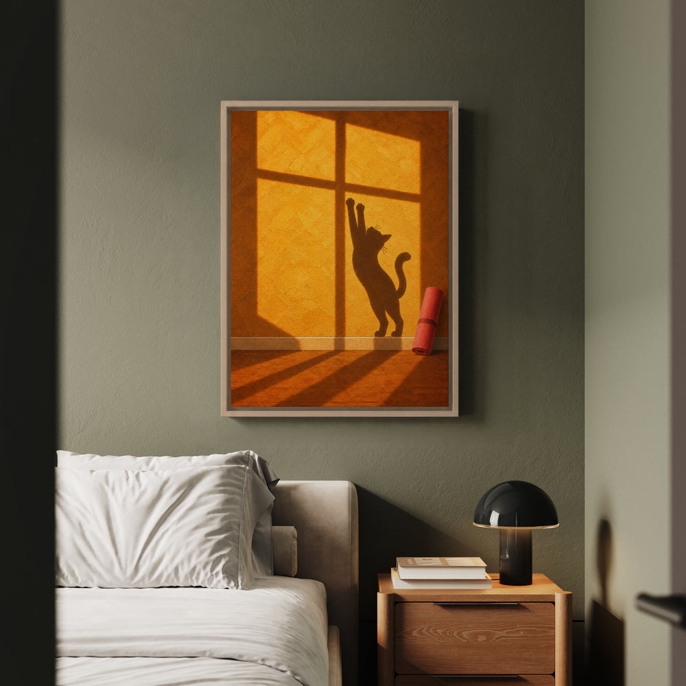 Morning Practice – Yoga Wall Art with an Amber Wall and Hard Shadows – Framed Canvas Wall Art