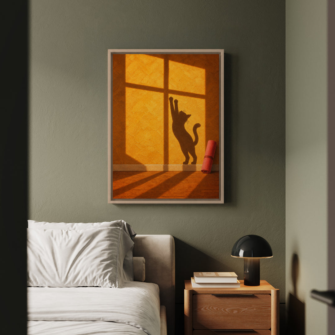 Morning Practice – Yoga Wall Art with an Amber Wall and Hard Shadows – Framed Canvas Wall Art