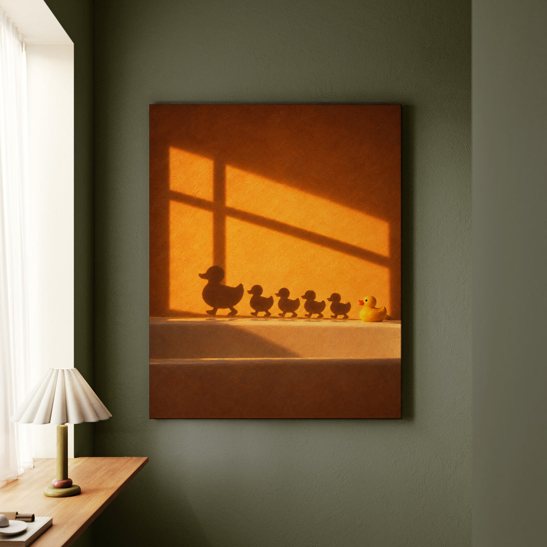 Rush Hour – Duck Bathroom Art with an Amber Wall and Cross Light – Canvas Wall Art